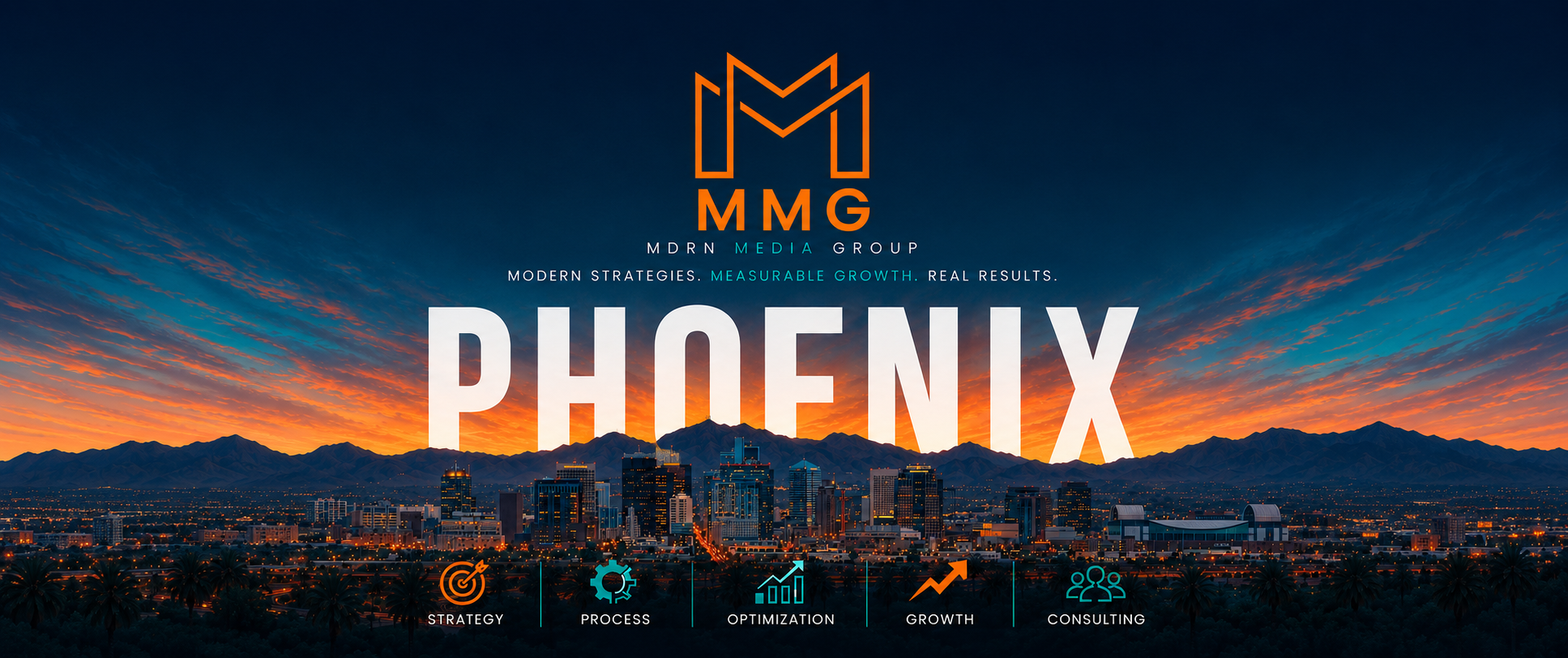 MDRN Media Group over the Phoenix skyline with strategy, process, optimization, growth, and consulting